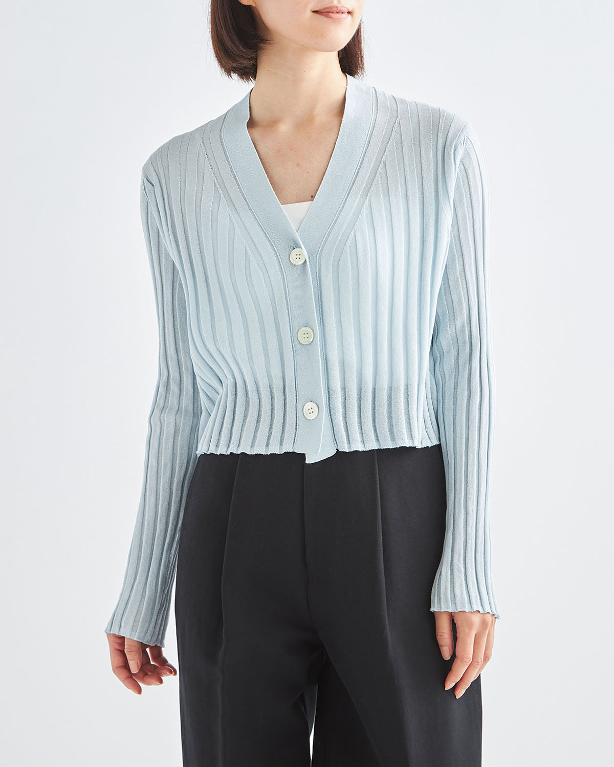 14Gワイドリブ 和紙×ポリエステル ショート丈Vネックカーディガン　SL10S-1118